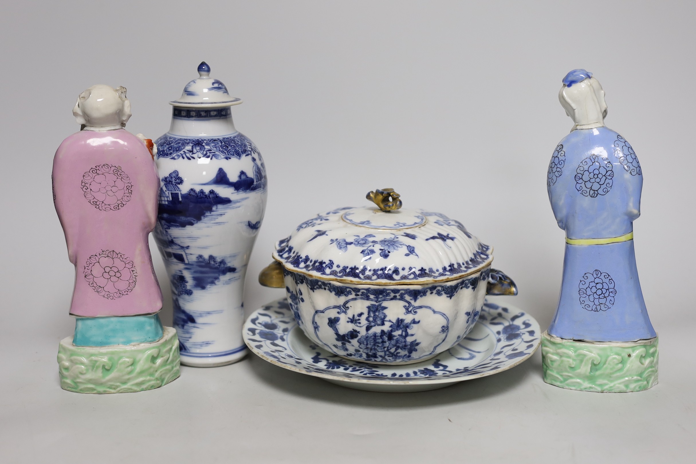 A group of 18th century Chinese export ceramics, together with a pair of Chinese Jiaqing enamelled porcelain figures of immortals, tallest 22cm